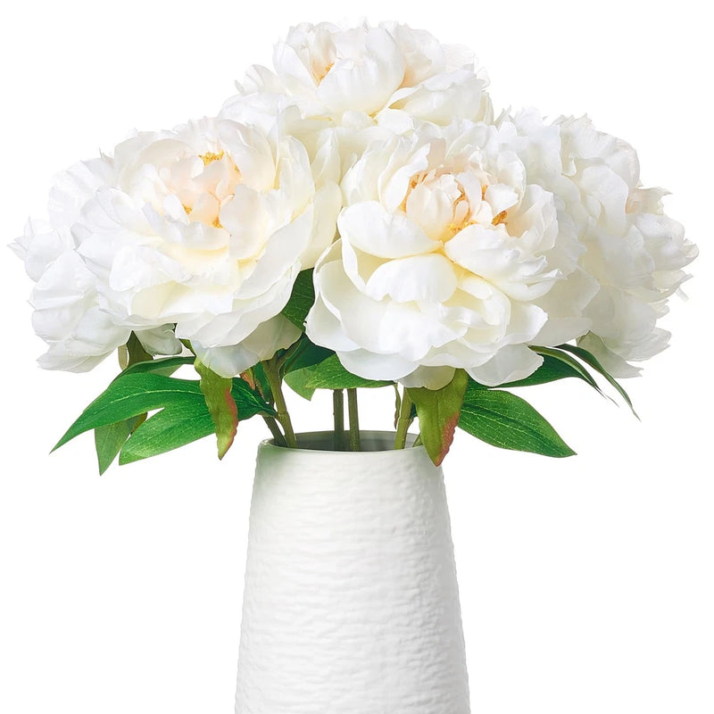 Ivory faux peony flower bouquet with white vase and green leaves, 6-pack style