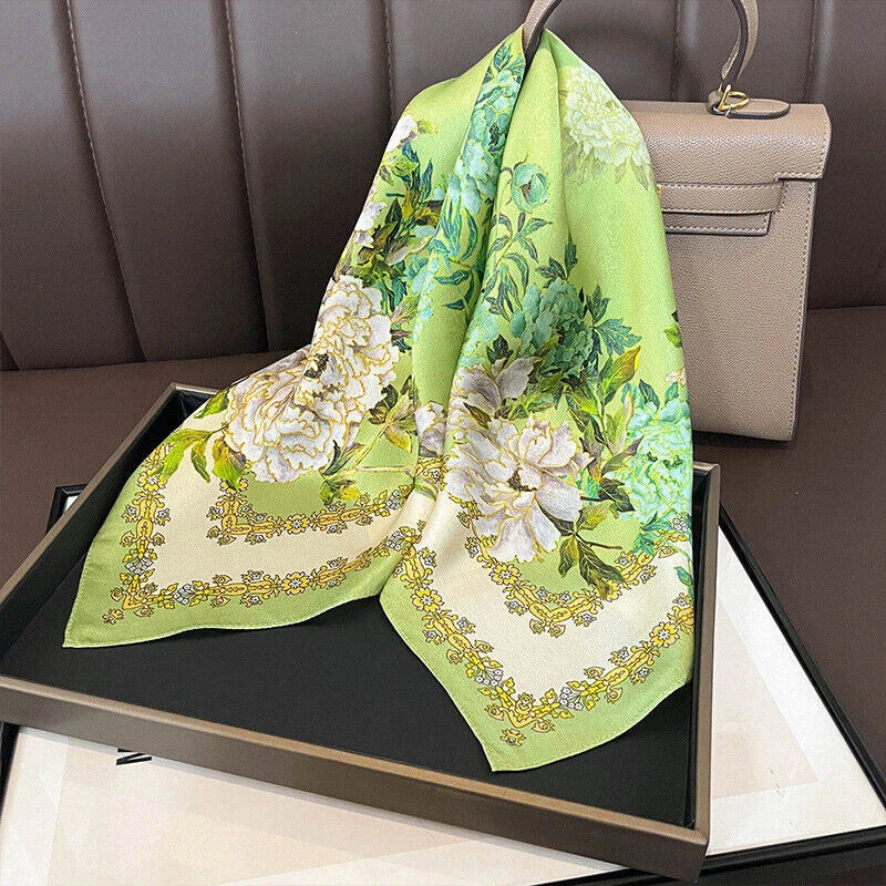 Green silk square scarf with white and yellow peony floral print and decorative border