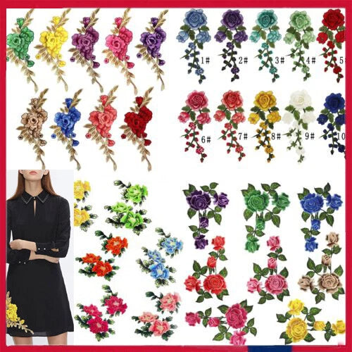 Embroidered rose flower patch set with assorted colors, iron-on or sew-on