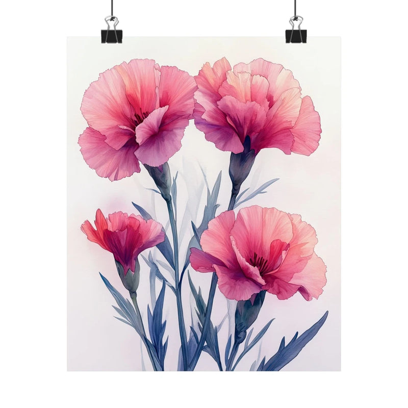 Hot pink carnation flower art print poster with four blooms and blue-green stems