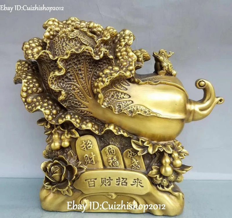 Gold-toned decorative cabbage wealth statue with peony flowers and Chinese coin symbols