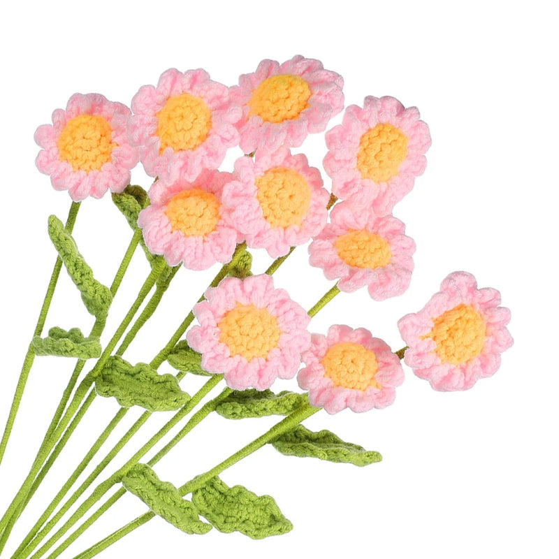 10 Pcs Crochet Flower Handmade Knitted Small Potted Daisy with Stem Pink Daisies