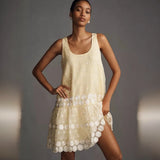 Anthropologie x Maeve Sleeveless Scoop-Neck Daisy Border Drop-Waist Mini Dress L Daisies