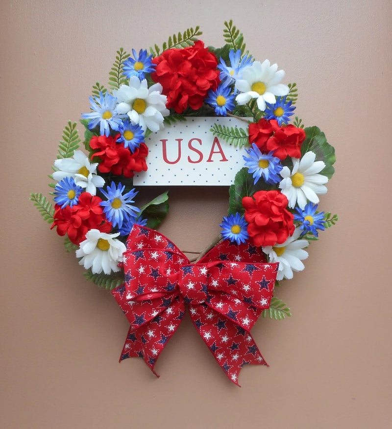 15" USA Patriotic July 4th Red White Blue Floral Summer Grapevine Wreath Hydrangea