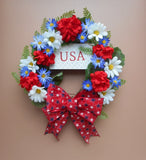 15" USA Patriotic July 4th Red White Blue Floral Summer Grapevine Wreath Hydrangea
