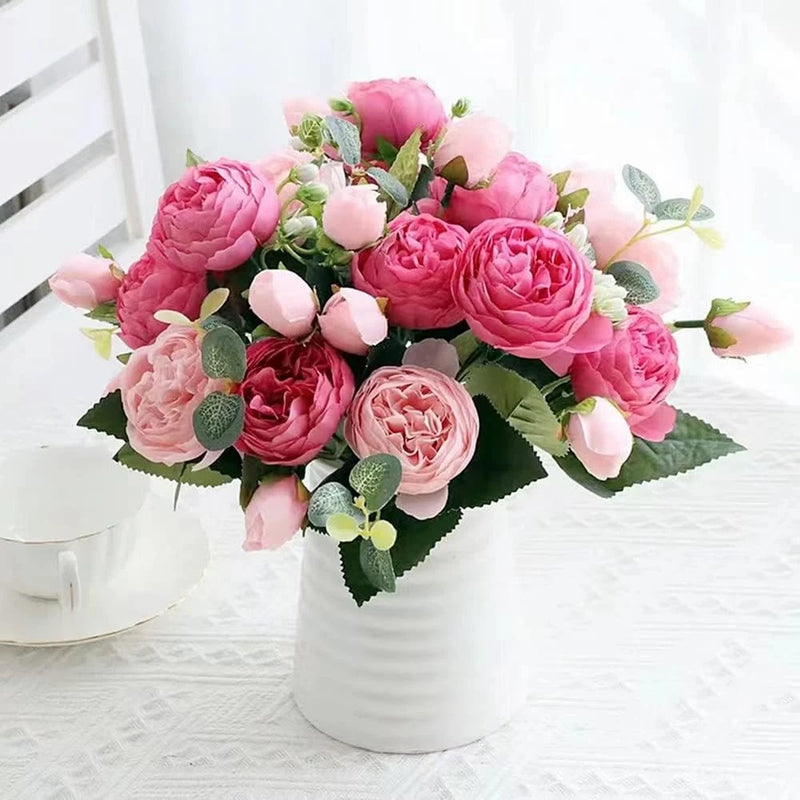 Silk peony rose artificial flower bouquet in white ceramic pot