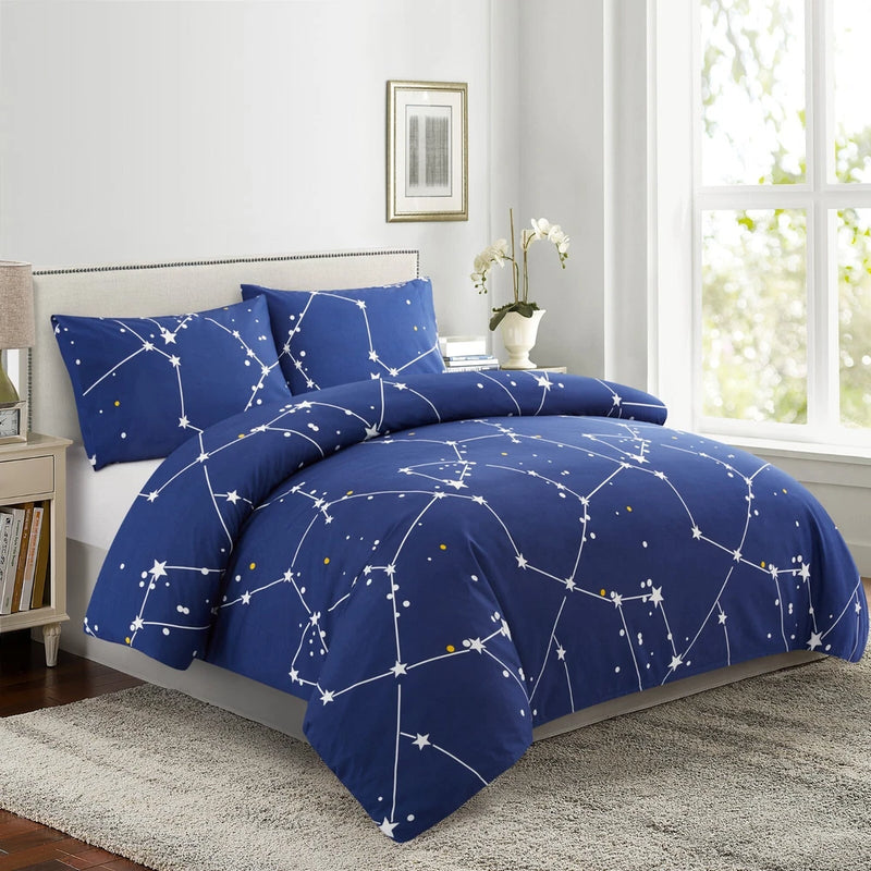 Navy printed duvet cover set with constellation pattern and pillow shams