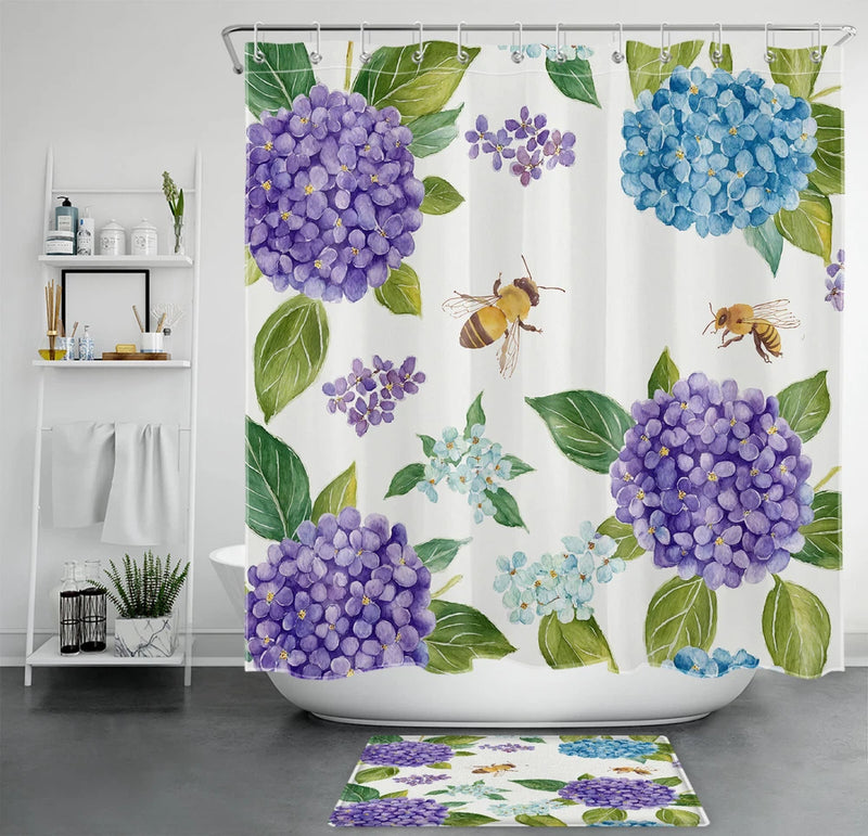 Purple Hydrangea Flower Yellow Honey Bee Shower Curtain Set for Bathroom Decor Hydrangea