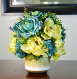 Silk Floral Arrangement: Blue Roses, Beige Peonies in Stoneware Pot Hydrangea