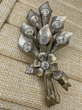 Vintage Silver Tone Brooch Flower Bouquet with Large Rhinestones Lilies Daisy Lily