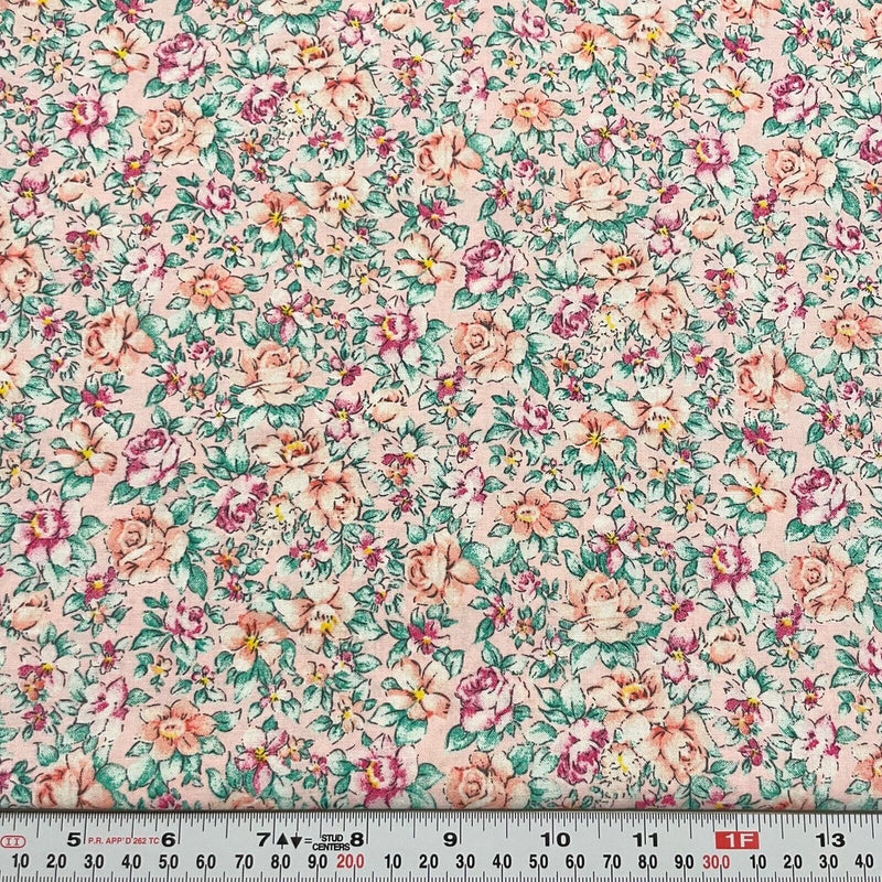 Vintage Florals on Pink Fabri-Quilt Cotton Fabric by the HALF YARD Flowering Plants