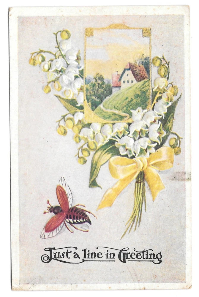Just a Line in Greeting Lily of the Valley Bouquet Flying Bee Embossed Postcard Lily