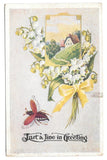 Just a Line in Greeting Lily of the Valley Bouquet Flying Bee Embossed Postcard Lily