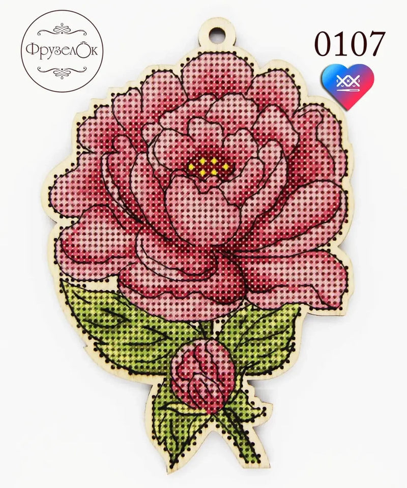 Peony flower wooden cross-stitch base with pink and green bead pattern