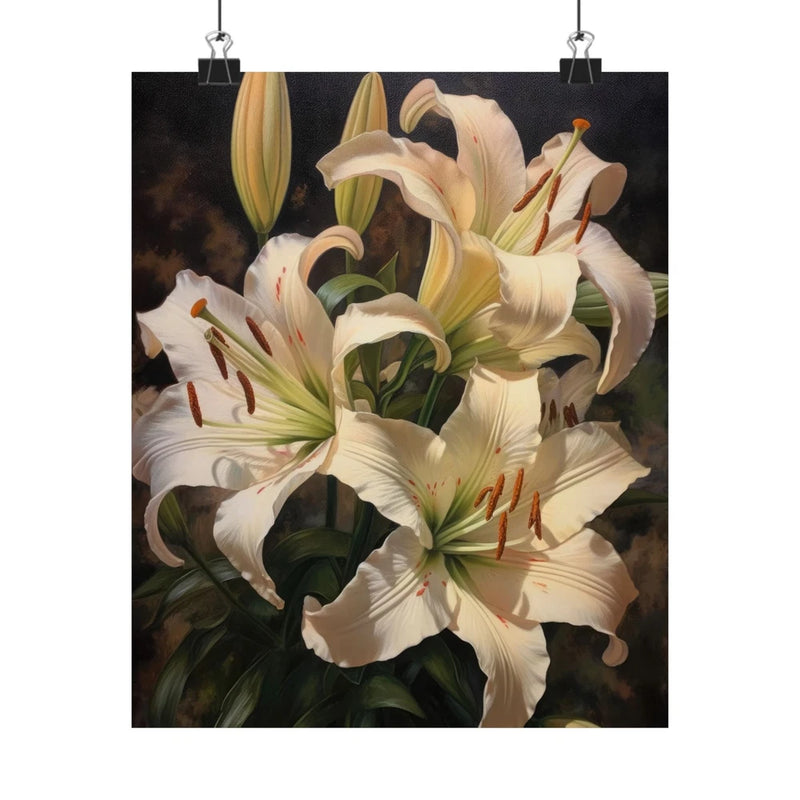 Cream lily flower art print poster with cream-white lilies and green leaves