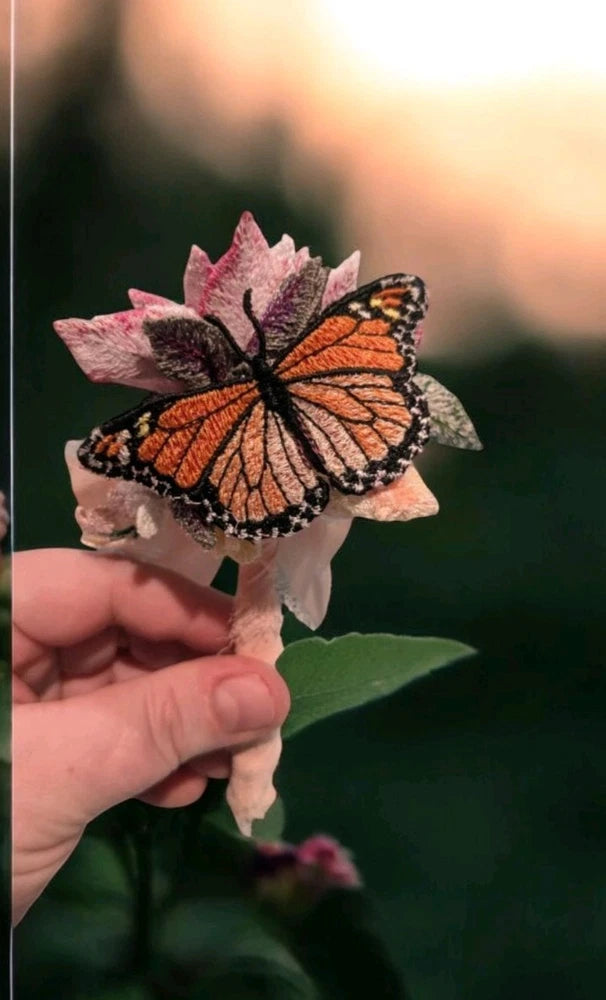 Butterfly and Clematis flowers mini bouquet Art made from embroidery thread 3d Bouquet