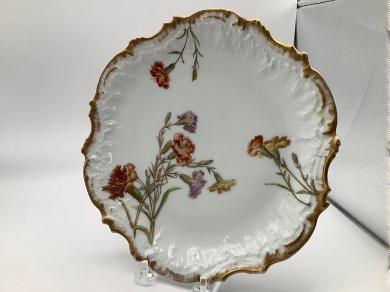 LR&R Limoges Scalloped, Embossed Hand Painted Carnations Plate Carnation