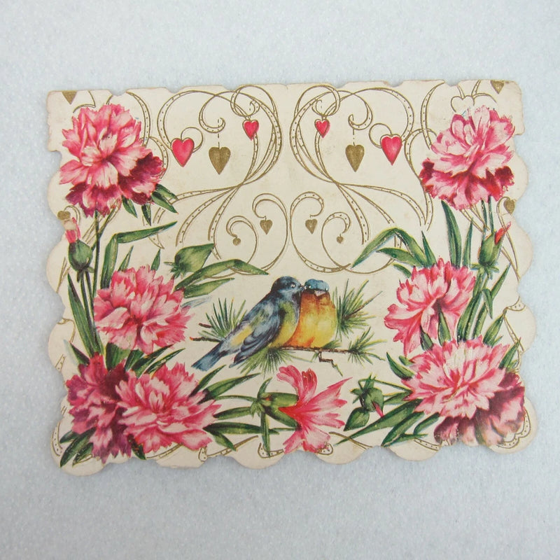Vintage Valentine Card Pink Carnation Flowers & Blue Birds Gold Scroll Hearts Carnation