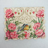 Vintage Valentine Card Pink Carnation Flowers & Blue Birds Gold Scroll Hearts Carnation