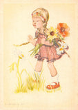 Children Art by H Peyk Girl Sunflower Poppy Daisy Flowers postcard B716 Sunflower