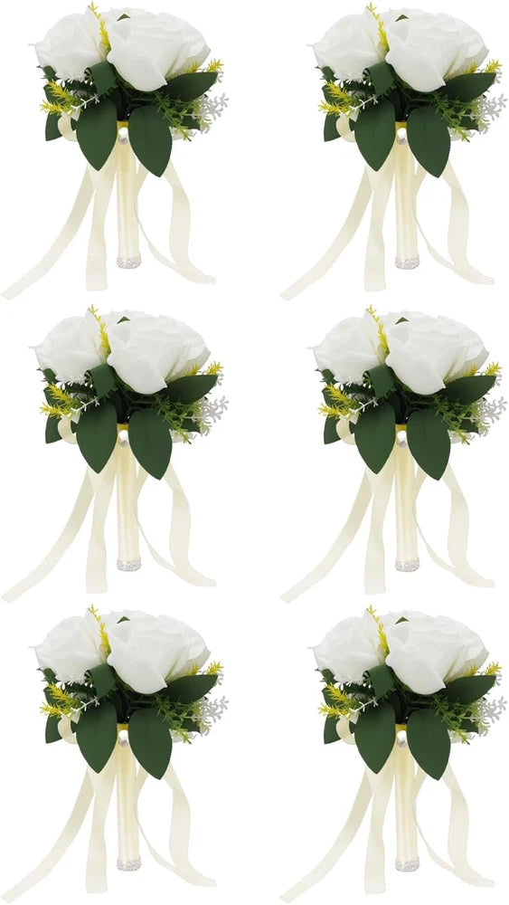 Set of 6 white bridesmaid bouquets with green foliage and long ribbon streamers