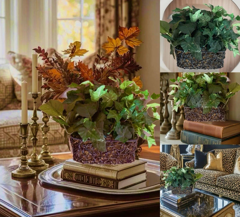 Artificial ivy plant with faux silk green leaves in dark woven basket