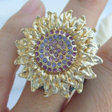 Elegant Cocktail Sunflower Flower Ring Purple Green Rhinestone Crystal CR319C1 Sunflower