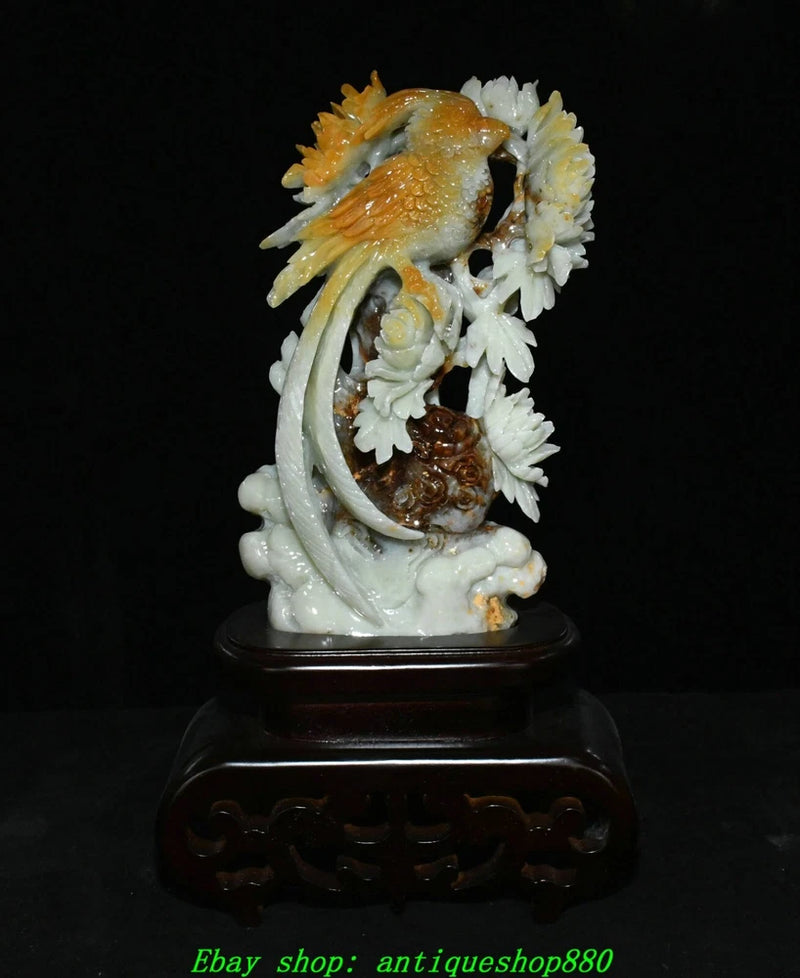 Natural jade peony bird carving statue with floral details and ornate base