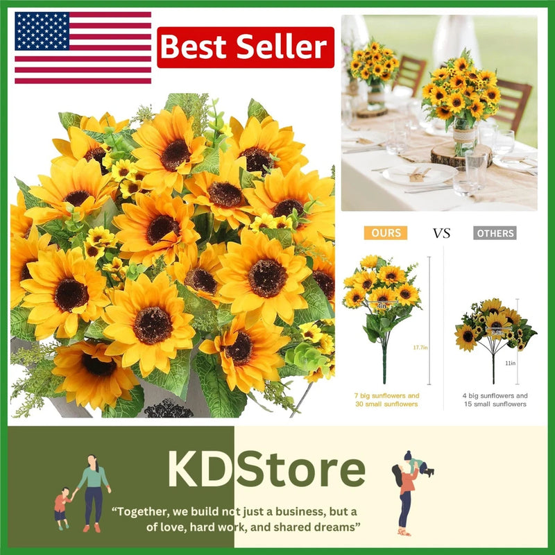 Artificial sunflower flower bunches with yellow blooms and green leaves