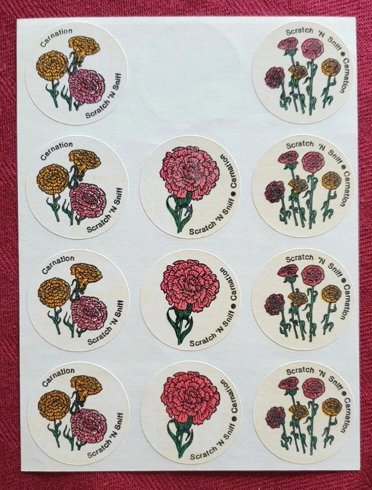 Vintage 80's Carnation Flowers Scratch & Sniff Matt Stickers- 1 Sheet Carnation