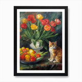 Flower Vase Ranunculus With A Cat 2 Framed Wall Art Poster Canvas Print Picture Ranunculus