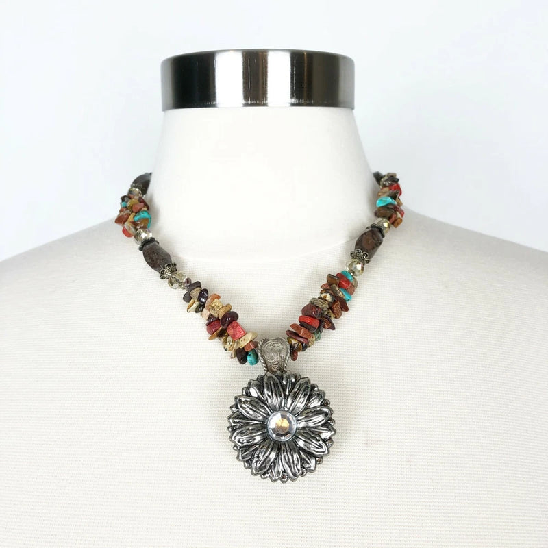 Trigg Southwestern Sunflower Pendant Multicolor Tumbled Nugget Stone Necklace Sunflower