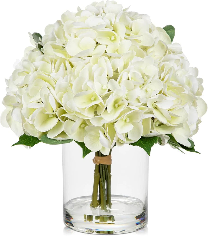 Real Touch White Hydrangea Faux Flowers in Glass Vase for Home Decor Hydrangea