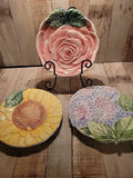 Vtg Italy Ancora Majolica Peony Sunflower Hydrangea 3 Plates 8.5Ó Hand Painted Hydrangea