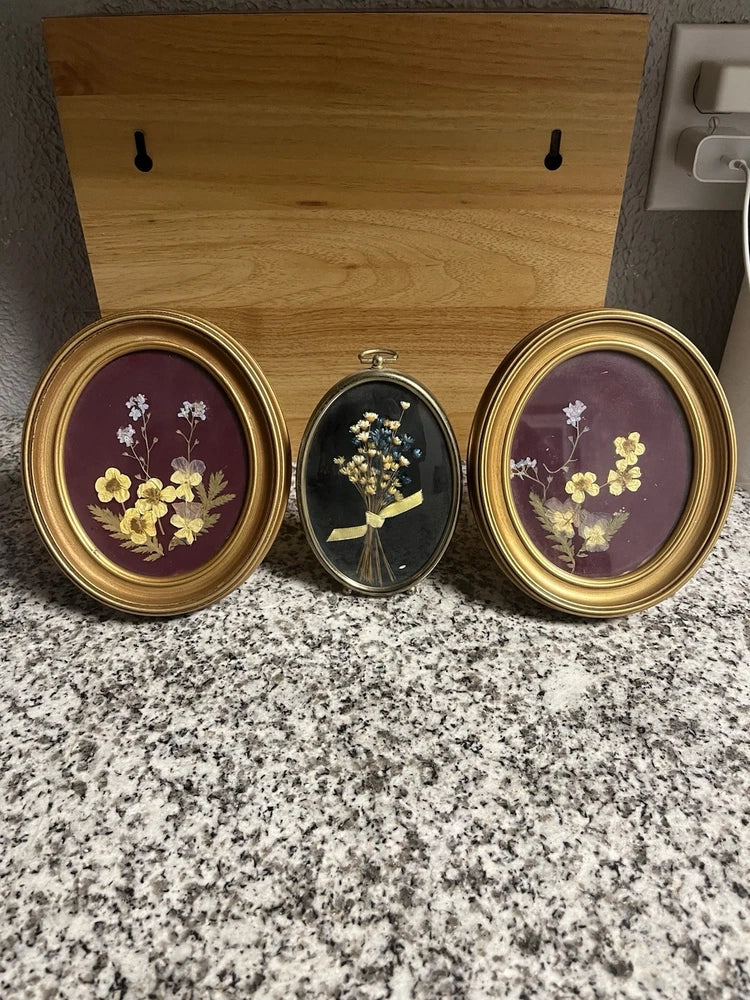Set of three oval vintage pressed-flower frames with curved glass, dried flowers inside.