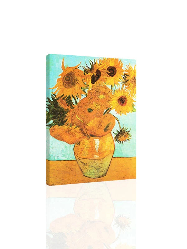 Sunflower vase wall art print with yellow blooms and green leaves in a ceramic pot