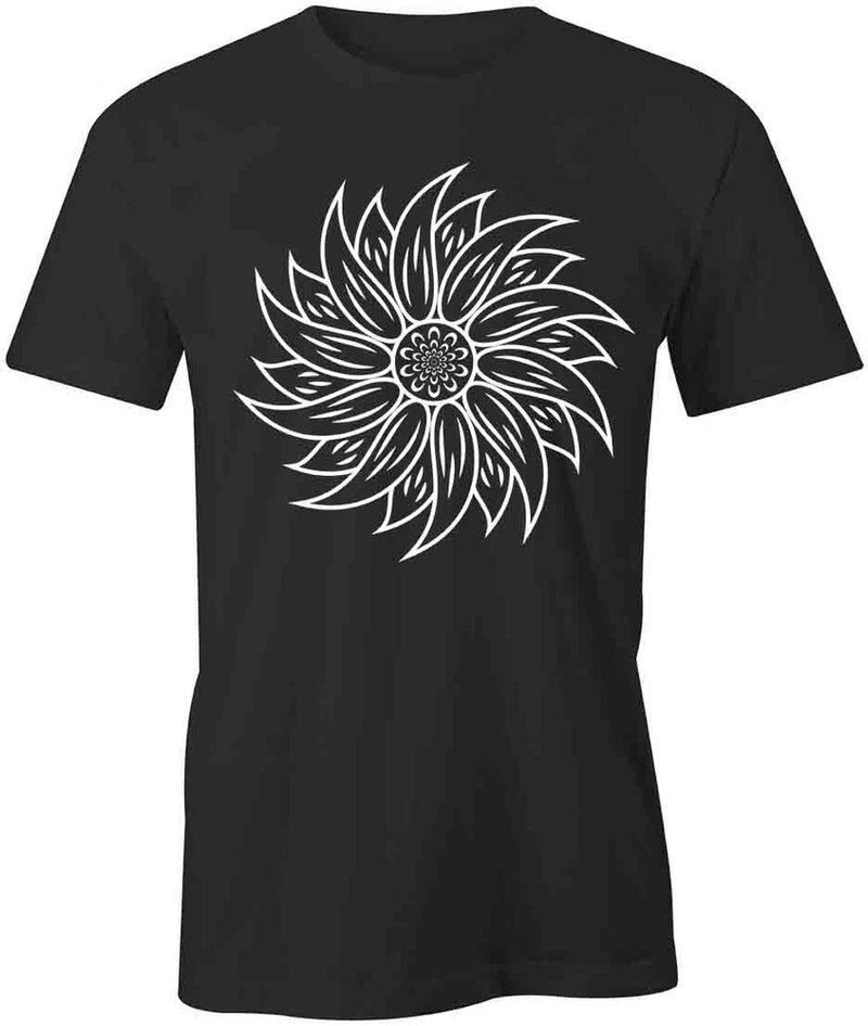 Black short-sleeve T-shirt with white sunflower line-art front graphic
