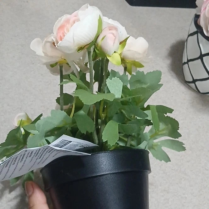 Artificial Ranunculus Flower Arrangement Pink White in Black Pot Centerpiece Ranunculus