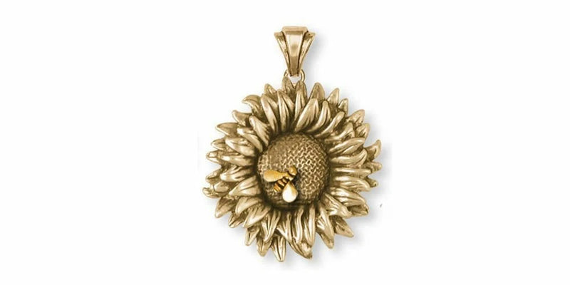 14k gold sunflower flower pendant, detailed petals and textured center, hanging bail