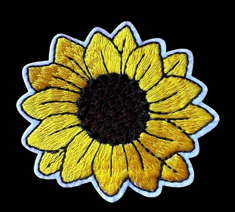 Yellow sunflower iron-on patch with black center and blue stitched border