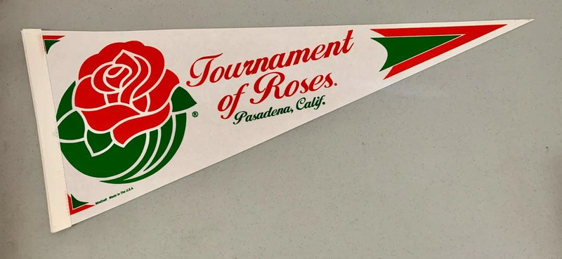 Decorative triangular pennant with red rose logo, Tournament of Roses text, and green trim