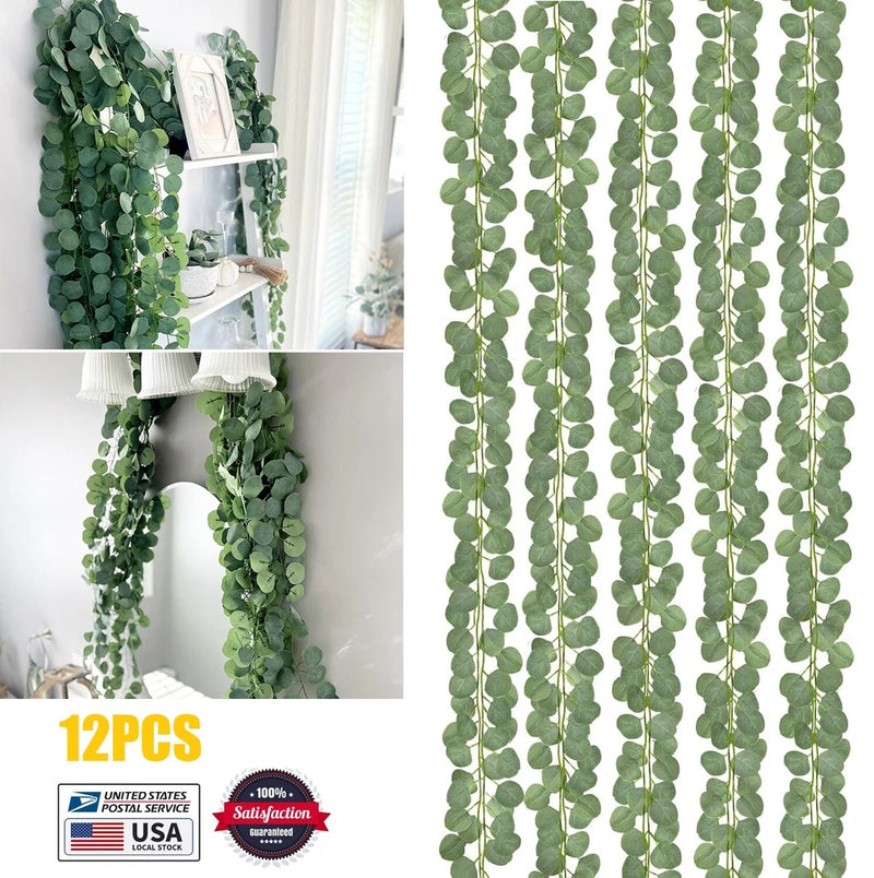Artificial eucalyptus leaf garland, green hanging strands with oval leaves (12 pcs)