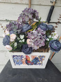 Floral Centerpiece Hydrangea/Roses In A Wooden Container With Rooster Inset. Hydrangea