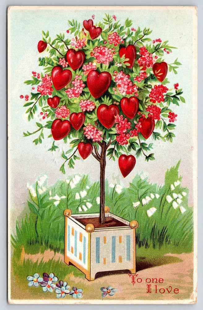 Valentine~Heart & Pink Flower Tree in Square Planter~Lily Valley in Grass~Emboss Lily