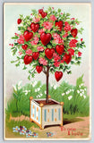 Valentine~Heart & Pink Flower Tree in Square Planter~Lily Valley in Grass~Emboss Lily