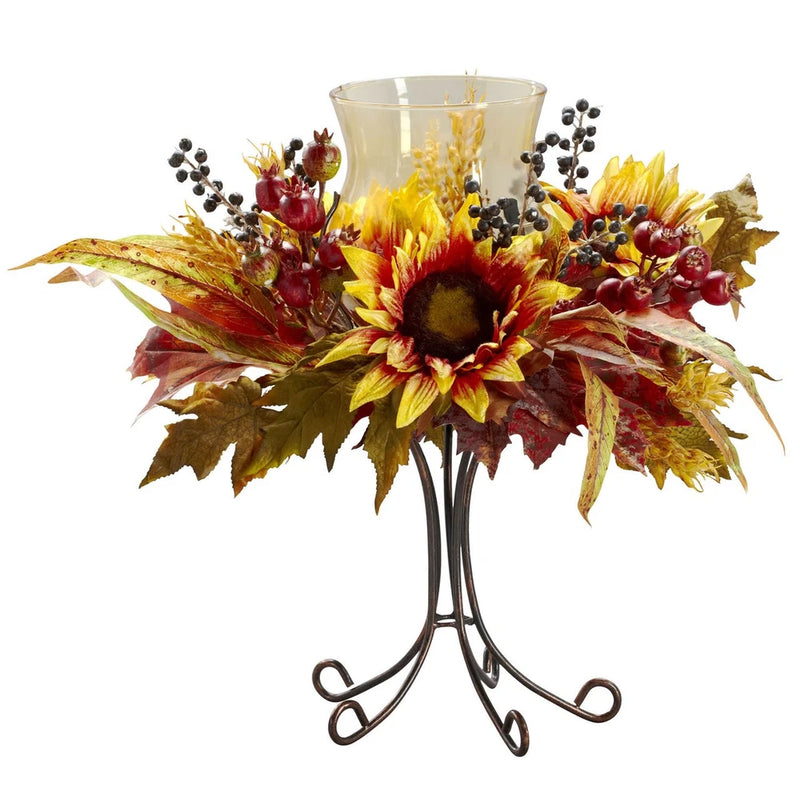 Sunflower candelabrum with metal stand and clear glass candle cup, bright yellow and red floral decor
