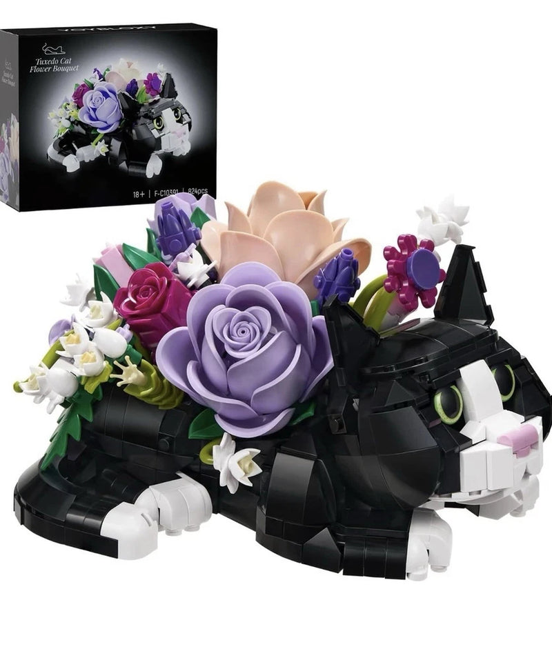 Tuxedo cat flower bouquet building block set with lilac rose and mixed blooms
