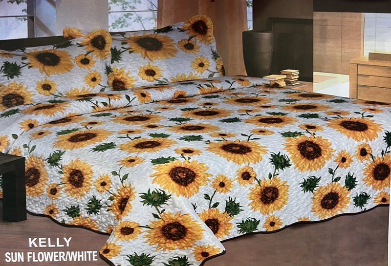 SUNFLOWER WHITE YELLOW KELLY PLUSH BEDSPREAD QUILTED SET 3 PCS KING  SIZE Sunflower