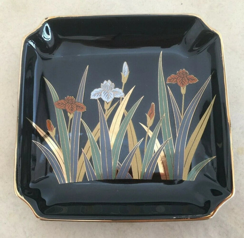 Otagiri Black Ceramic Trinket Dish Tray Lilies Irises Flower Gilded Multi Color Lily