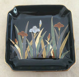 Otagiri Black Ceramic Trinket Dish Tray Lilies Irises Flower Gilded Multi Color Lily